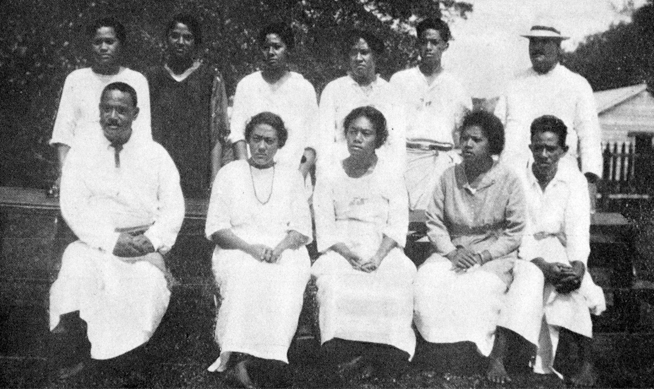 Teaching staff of the Free Church School, Nukualofa, Tonga, visited by Methodist minister Rev...