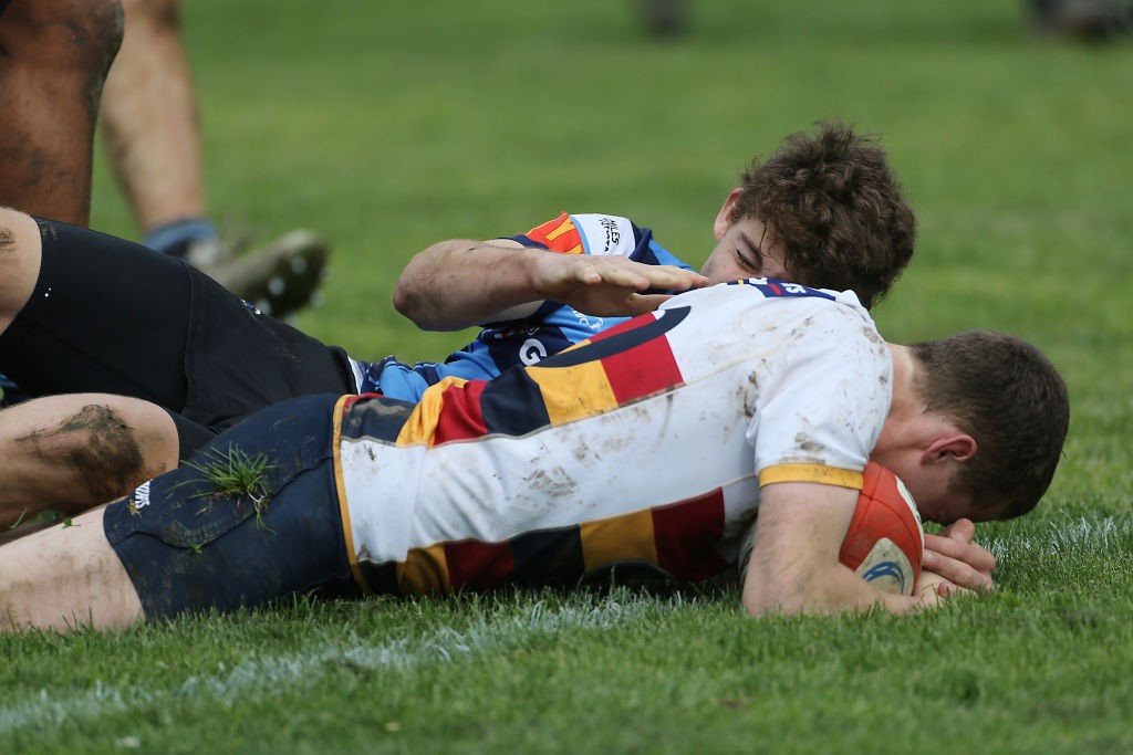 Max Hore from John McGlashan College scores a try at the match in Nelson this afternoon. Photo:...