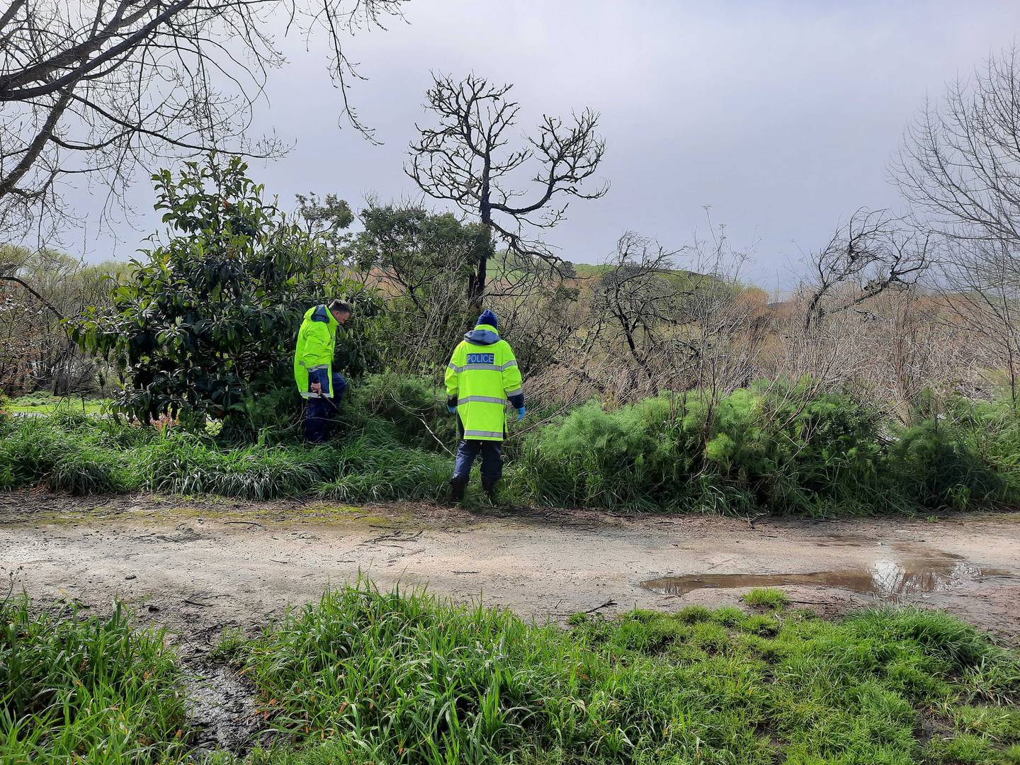 Police officers scouring bush and scrub at the River Rd Recreational Reserve before the inquiry...