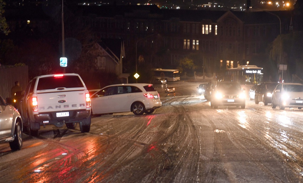 Stuart St was one of many roads where conditions made life difficult for drivers on Monday...