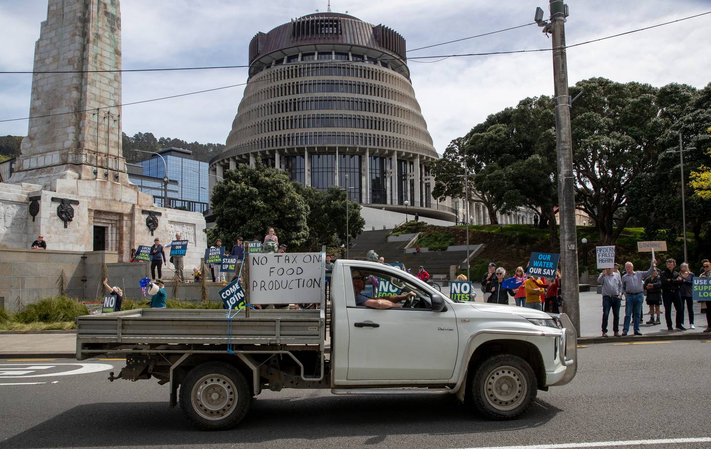 A farmer's ute takes part in the Groundswell protest against emissions tax at Parliament in Wellington. Photo: Mark Mitchell