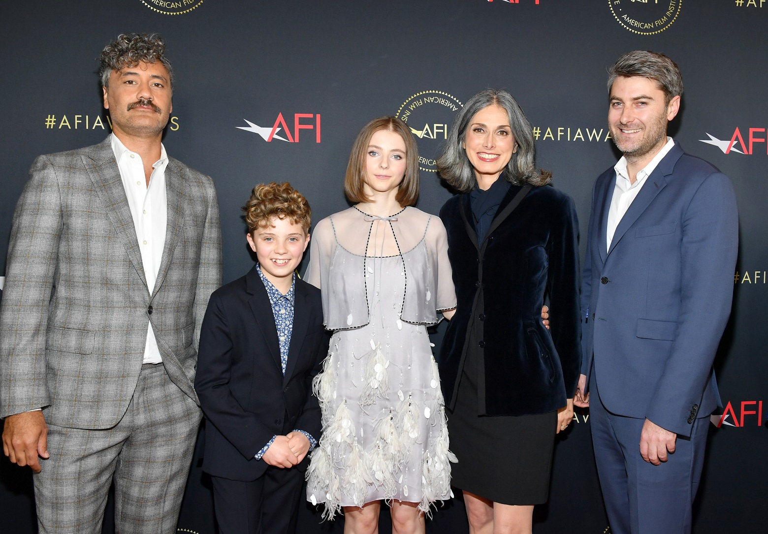 Christine Leunens with (from left) director-actor Taika Waititi, actor Roman Griffin Davis, actor...