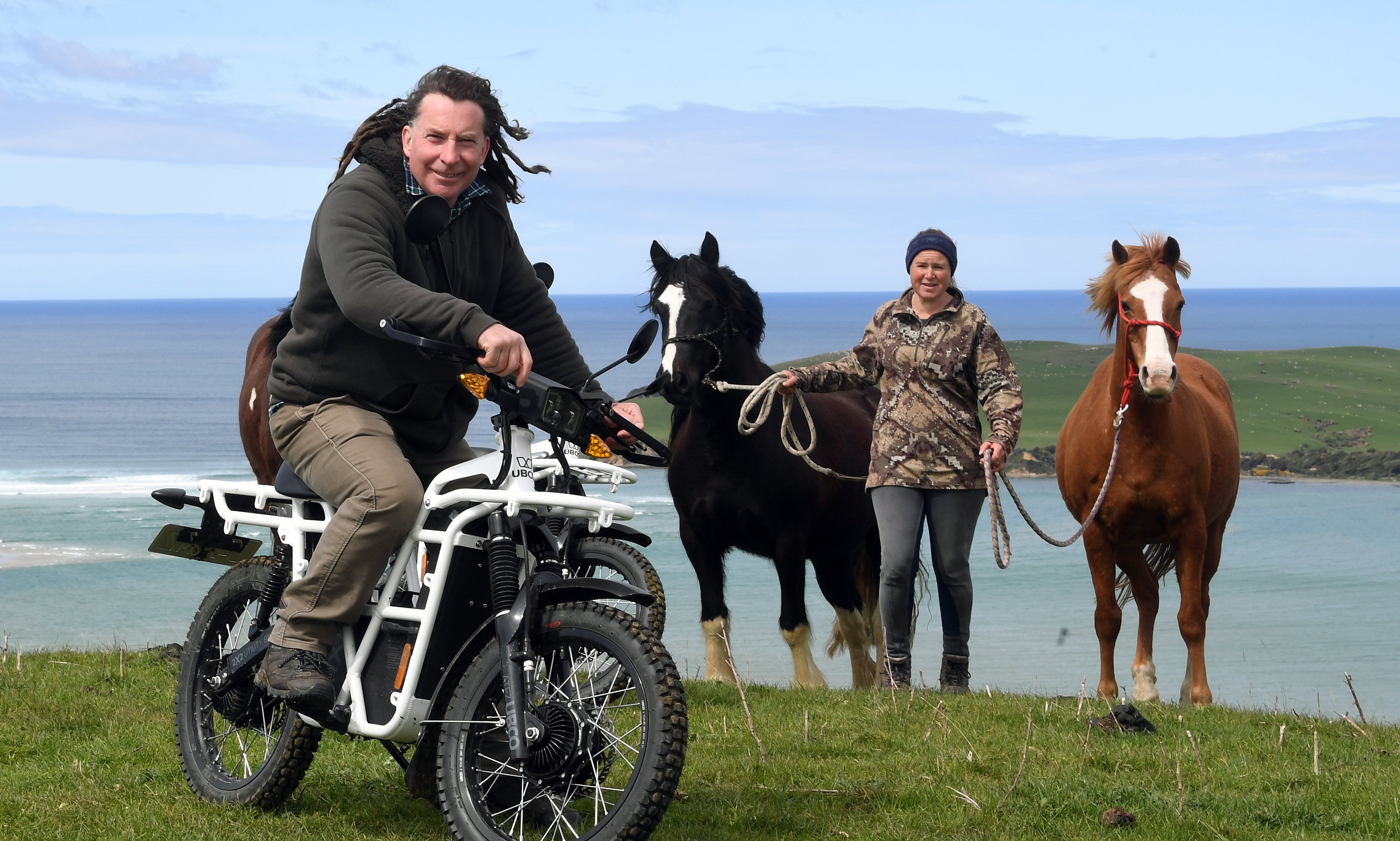 Neil and Cara Meyer, of Catlins Horse Riding, introduce their new Ubco eco-tourism e-motorbikes...