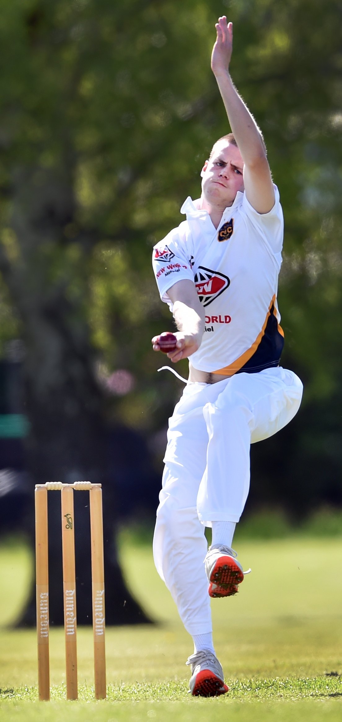 Taieri bowler Toby Hart charges in against CDK at Brooklands on Saturday.