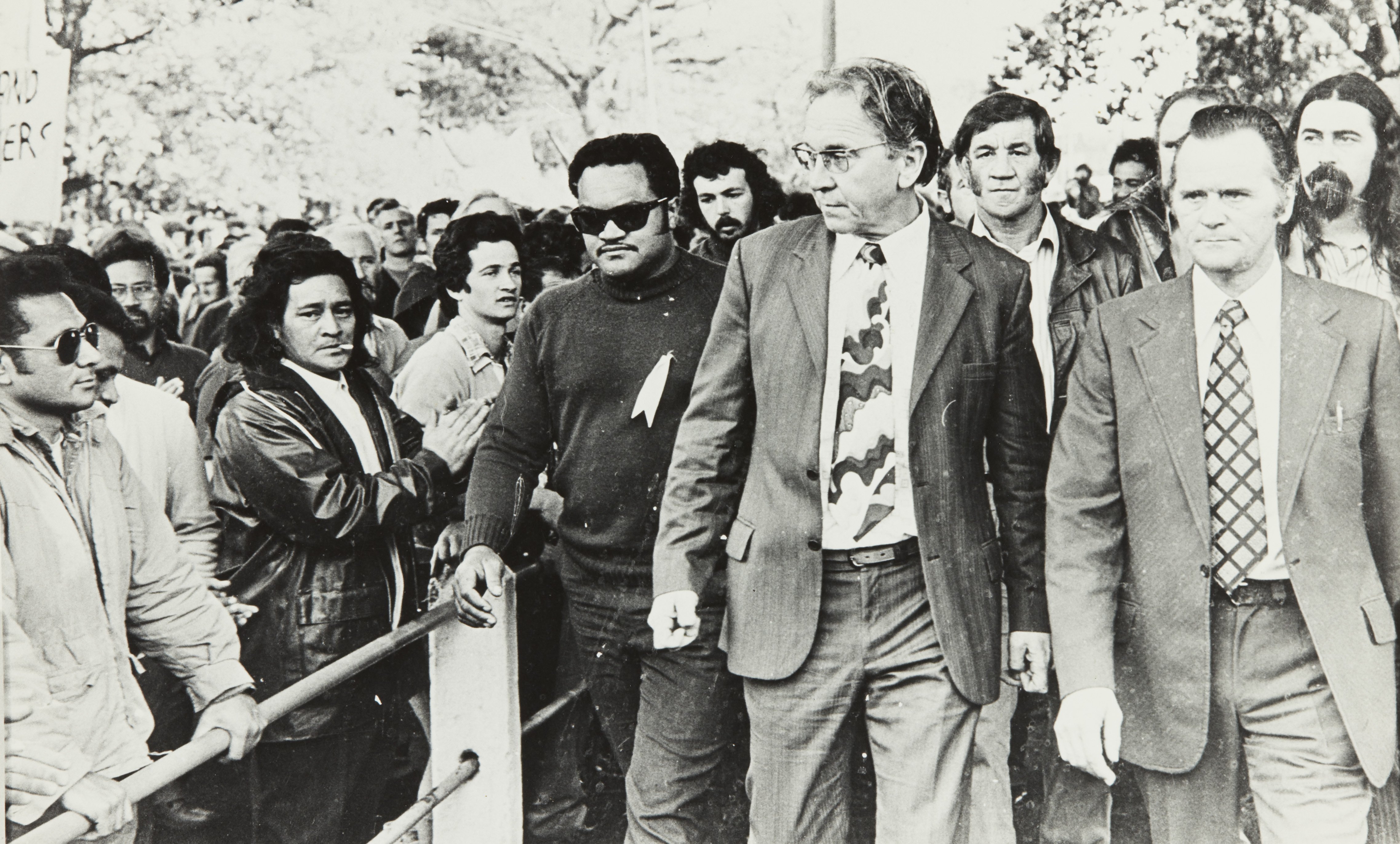 Bill Andersen, front, second from right, walks away from the Supreme Court in 1974 surrounded by...