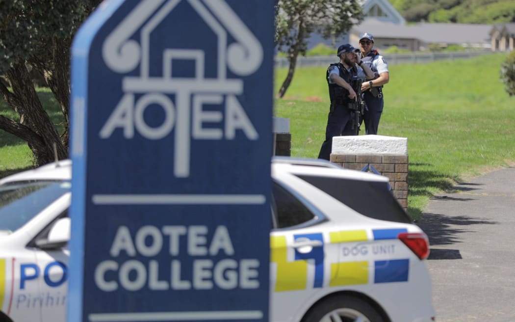 Police at the scene at Aotea College today. Photo: RNZ