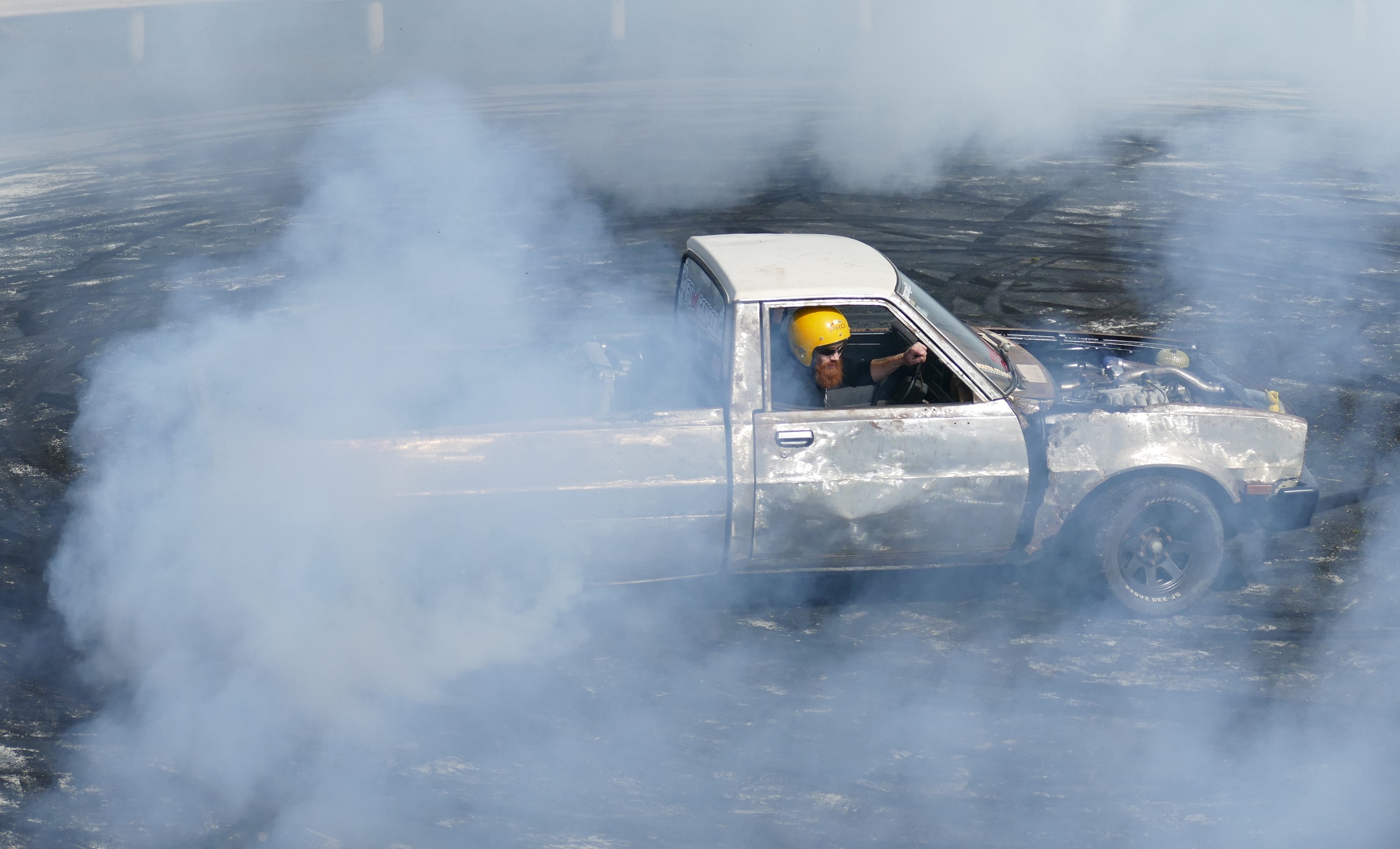 Richie Marsh, of Balclutha, concludes his burn-out heat at the Lawrence Car Club Rev, Rock & Hop...