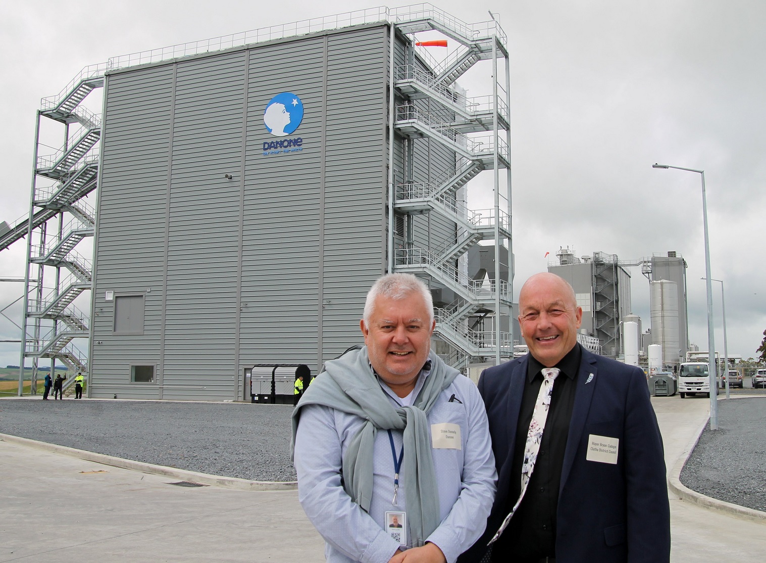 Danone New Zealand operations director Steve Donnelly (left) and Clutha Mayor Bryan Cadogan...