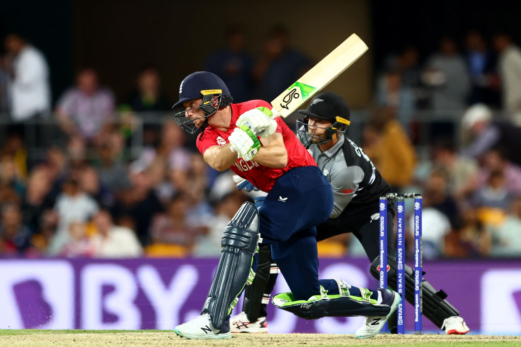 England's Jos Buttler gets a shot away against the Black Caps in Brisbane. Photo: Getty