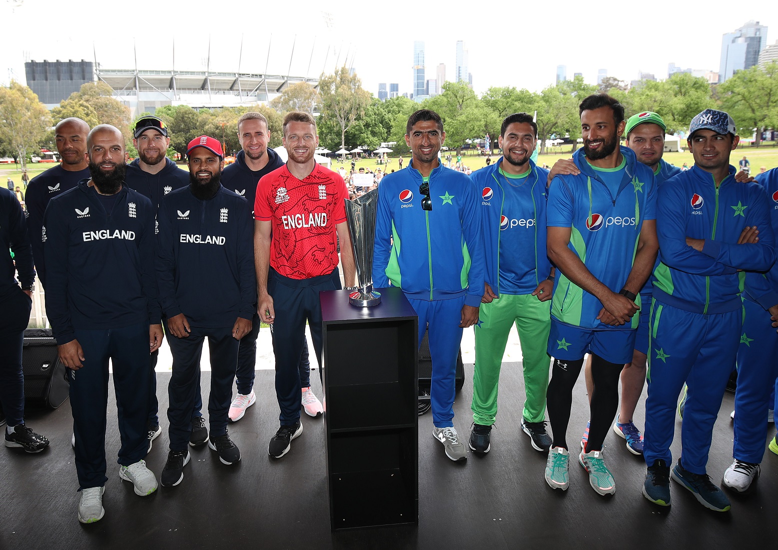 Pakistan and England pose with the ICC Men's T20 World Cup as they attend the Fan Zone in Yarra...