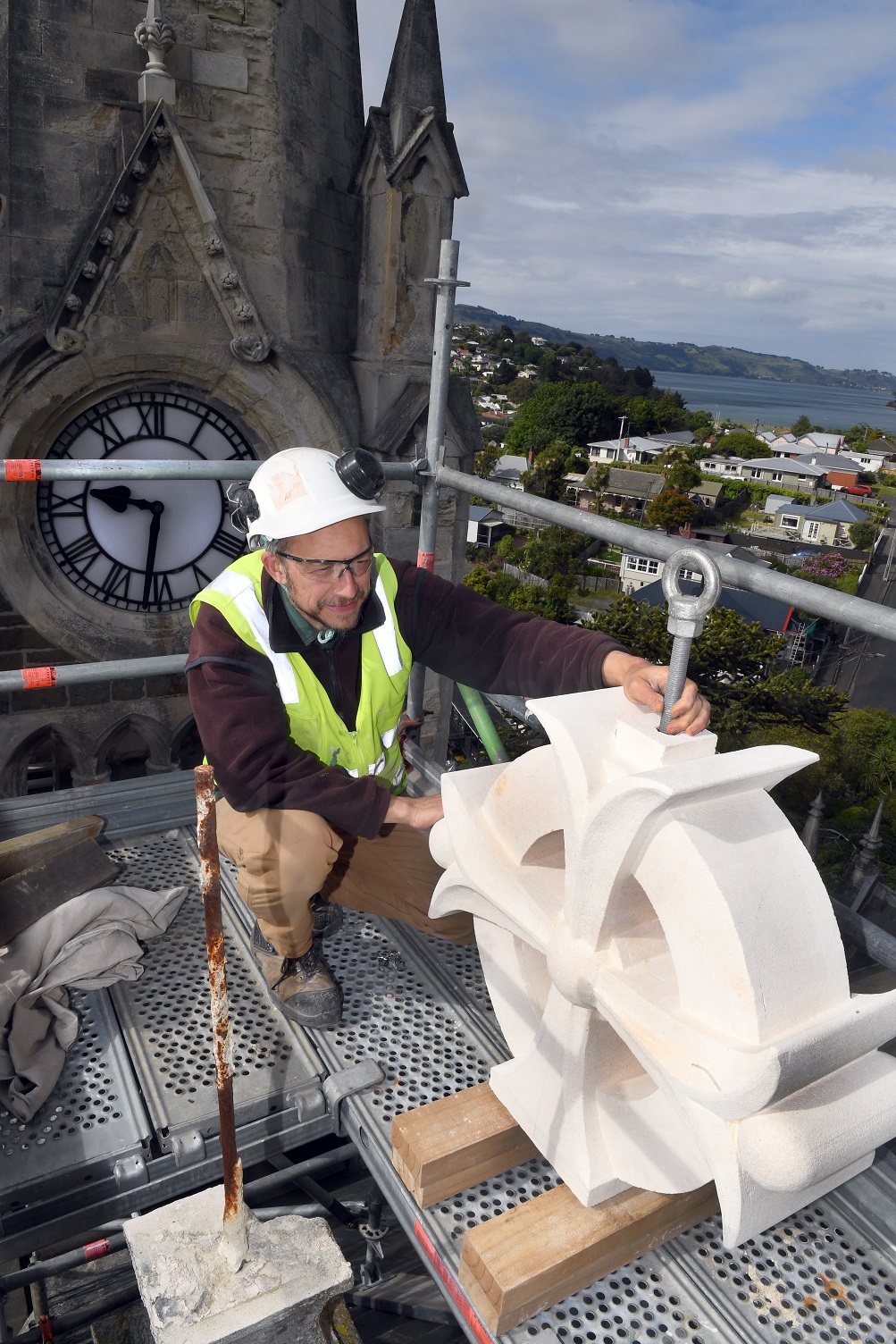 Stonemason Marcus Wainwright was waiting to install his creation.