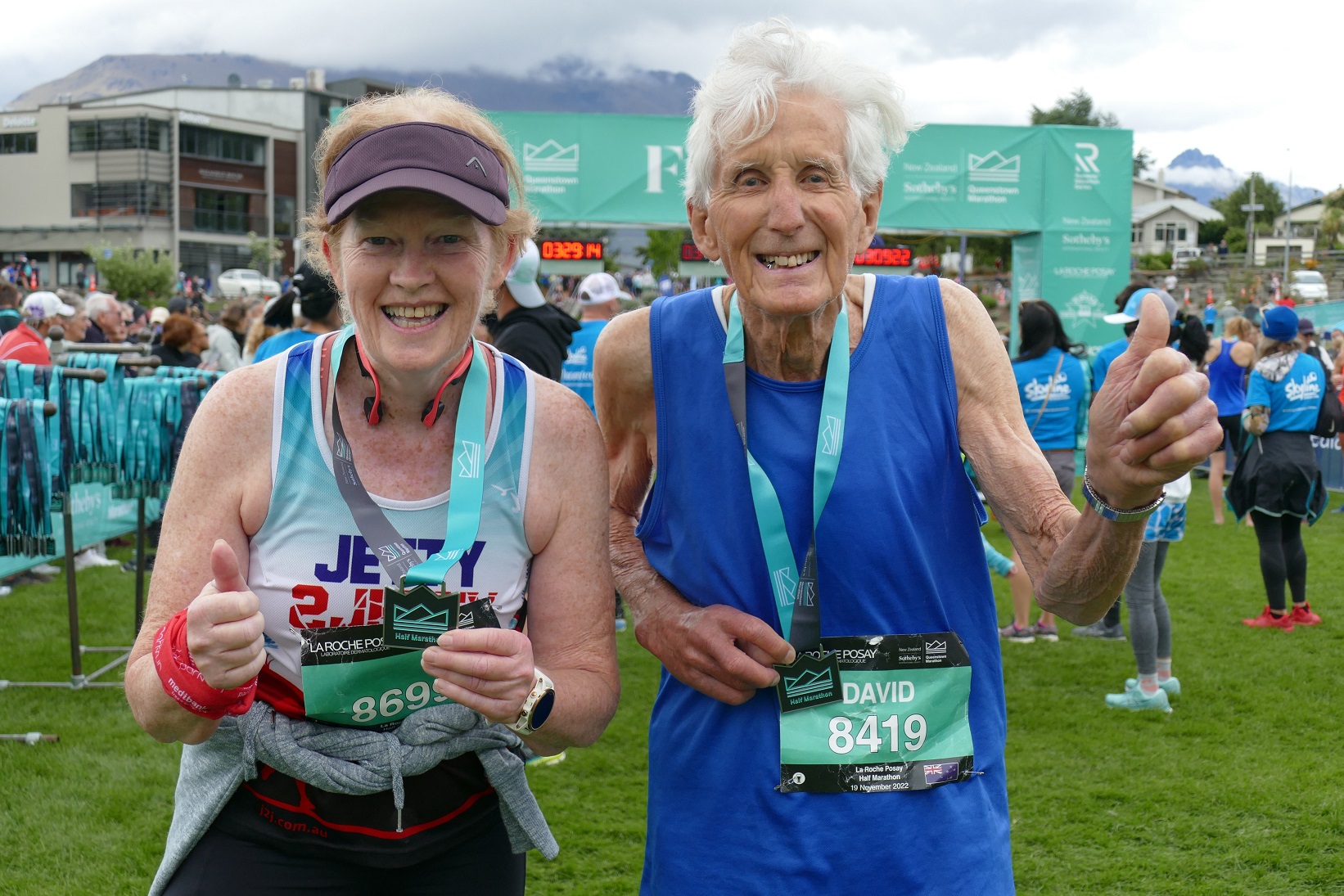 Jenny Downie (67), of Brisbane, with Queenstown’s David Graham who, at "87 and three-quarters",...