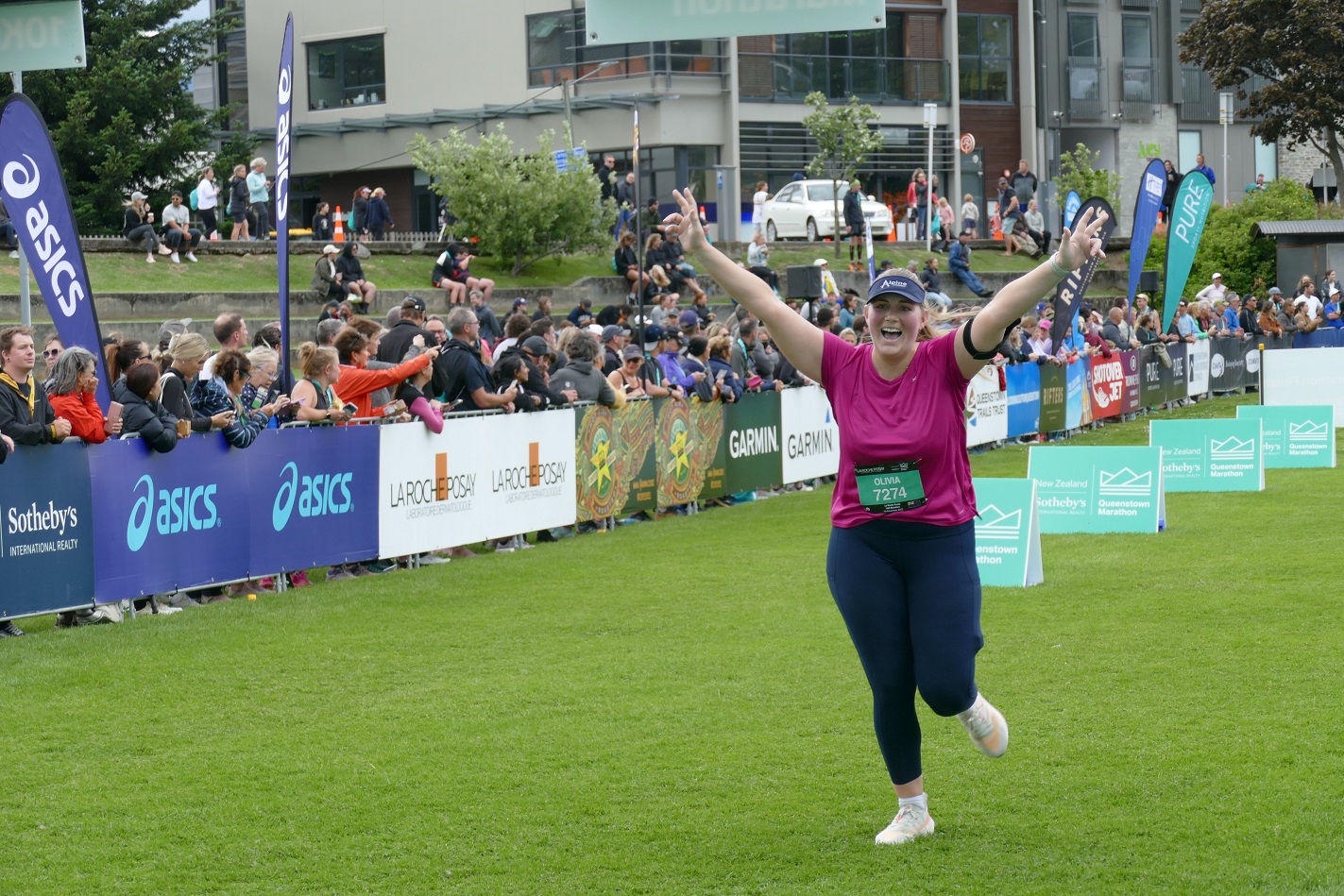 Olivia McKeown, of Pleasant Point, crosses the half marathon finish line. Photo: Tracey Roxburgh