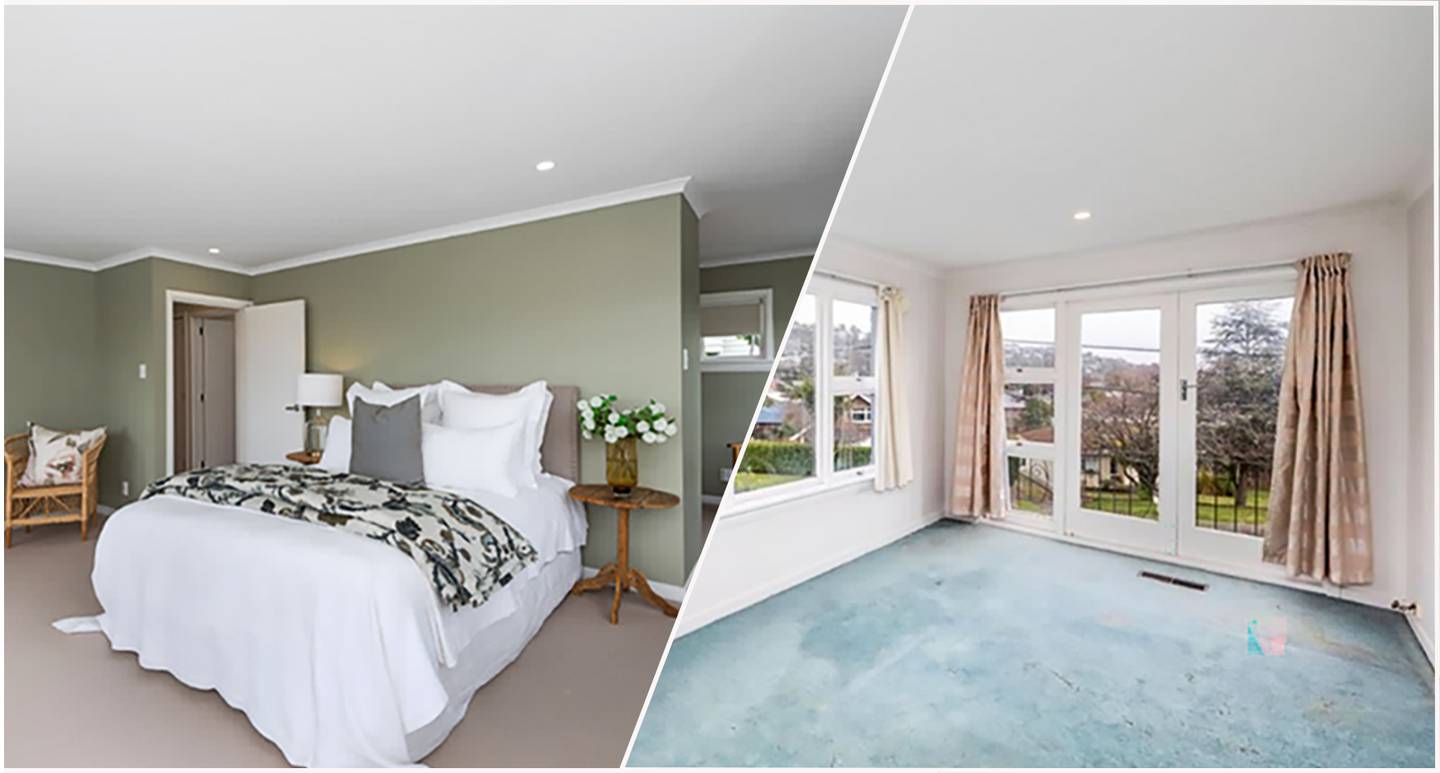 The master bedroom at 19a Vernon Terrace, St Martins, Christchurch before (right) in August 2022...