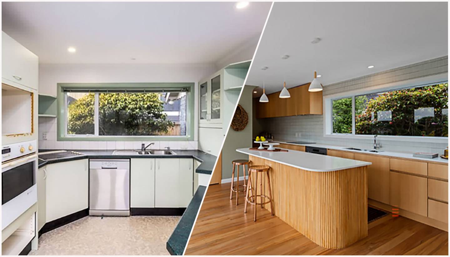 The kitchen at 19a Vernon Terrace, St Martins, Christchurch before (left) in August 2022 and...