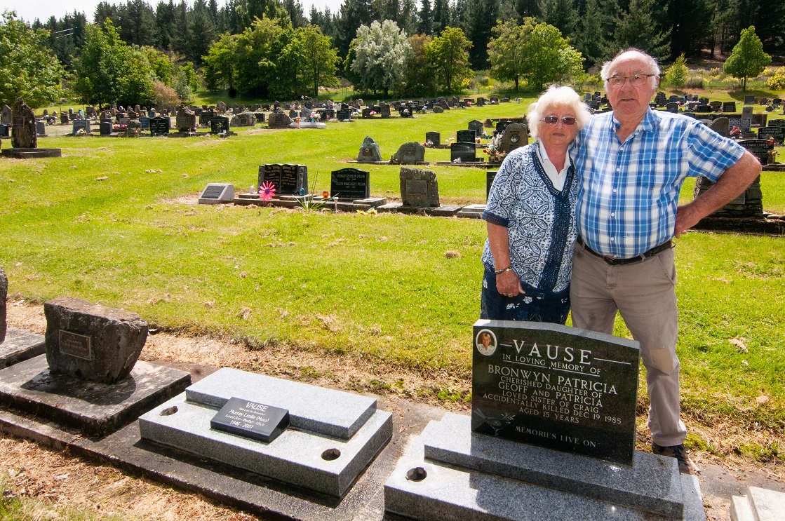 Geoff and Patrica Vause stand beside their daughter Bronwyn’s headstone at the Alexandra Cemetery...