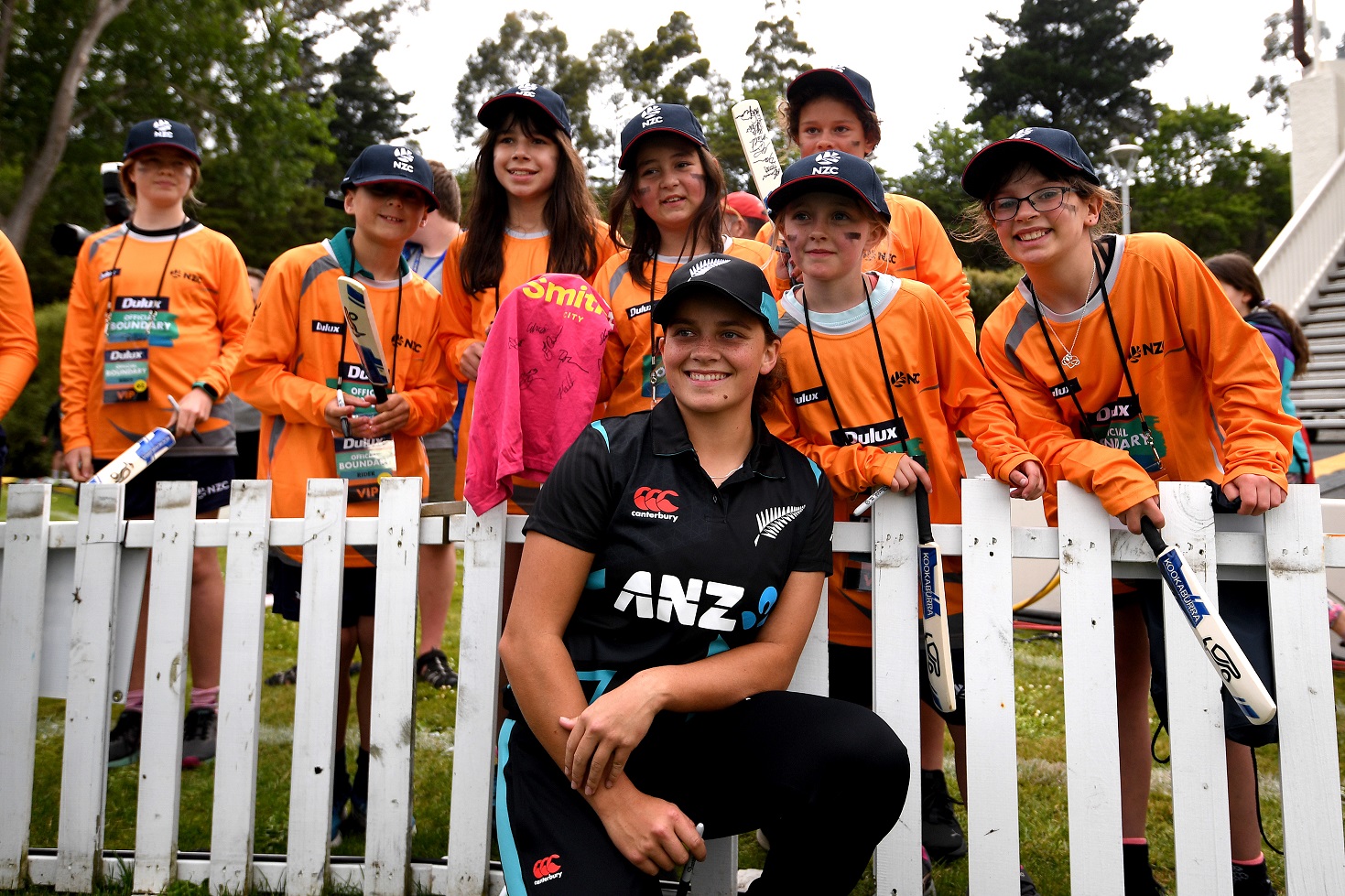 Eden Carson poses with fans during game two of the T20 International series between the New...