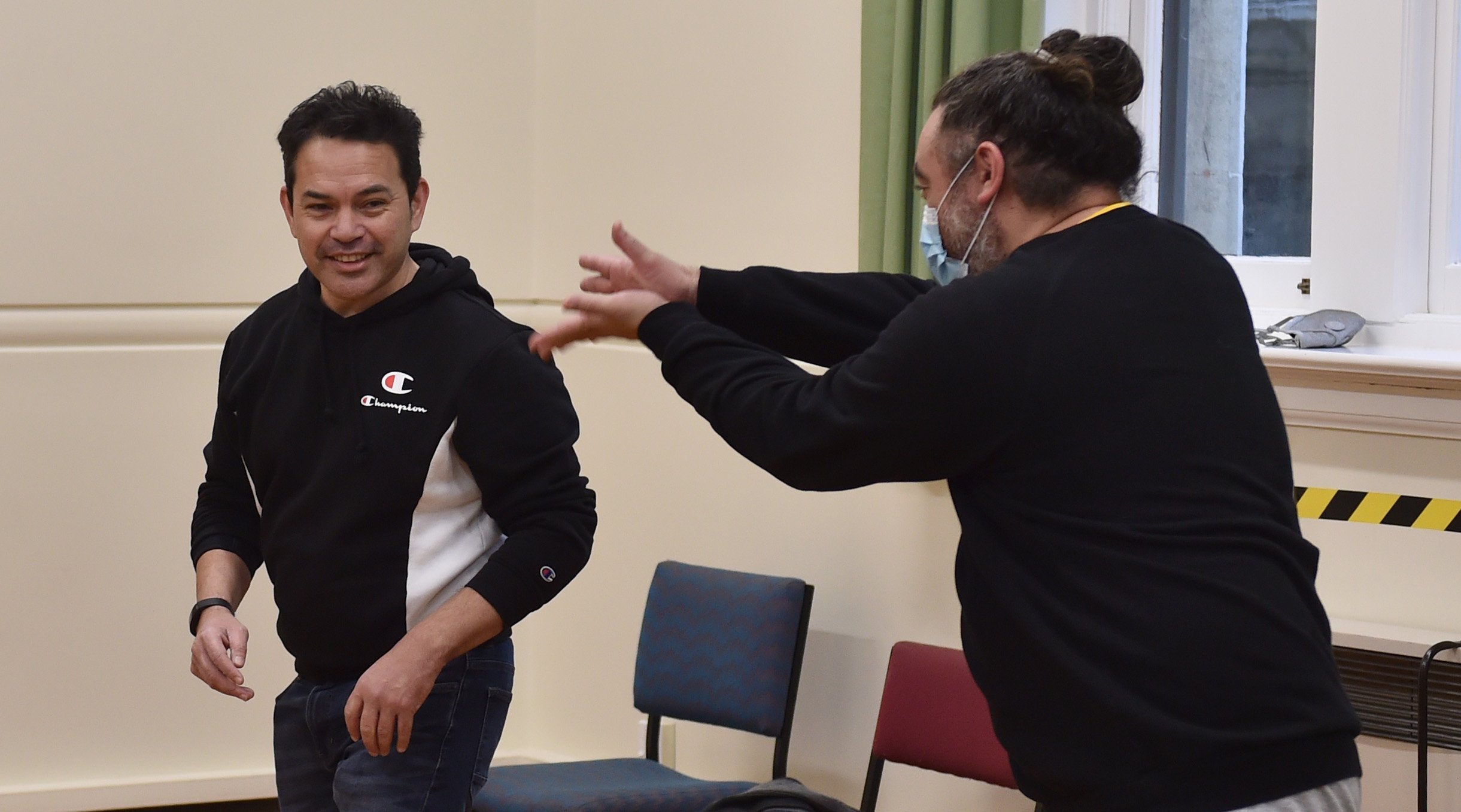 Albert Belz (left) and Tainui Tukiwaho workshop Haka Queen at Allen Hall Theatre. Photo: Gregor...