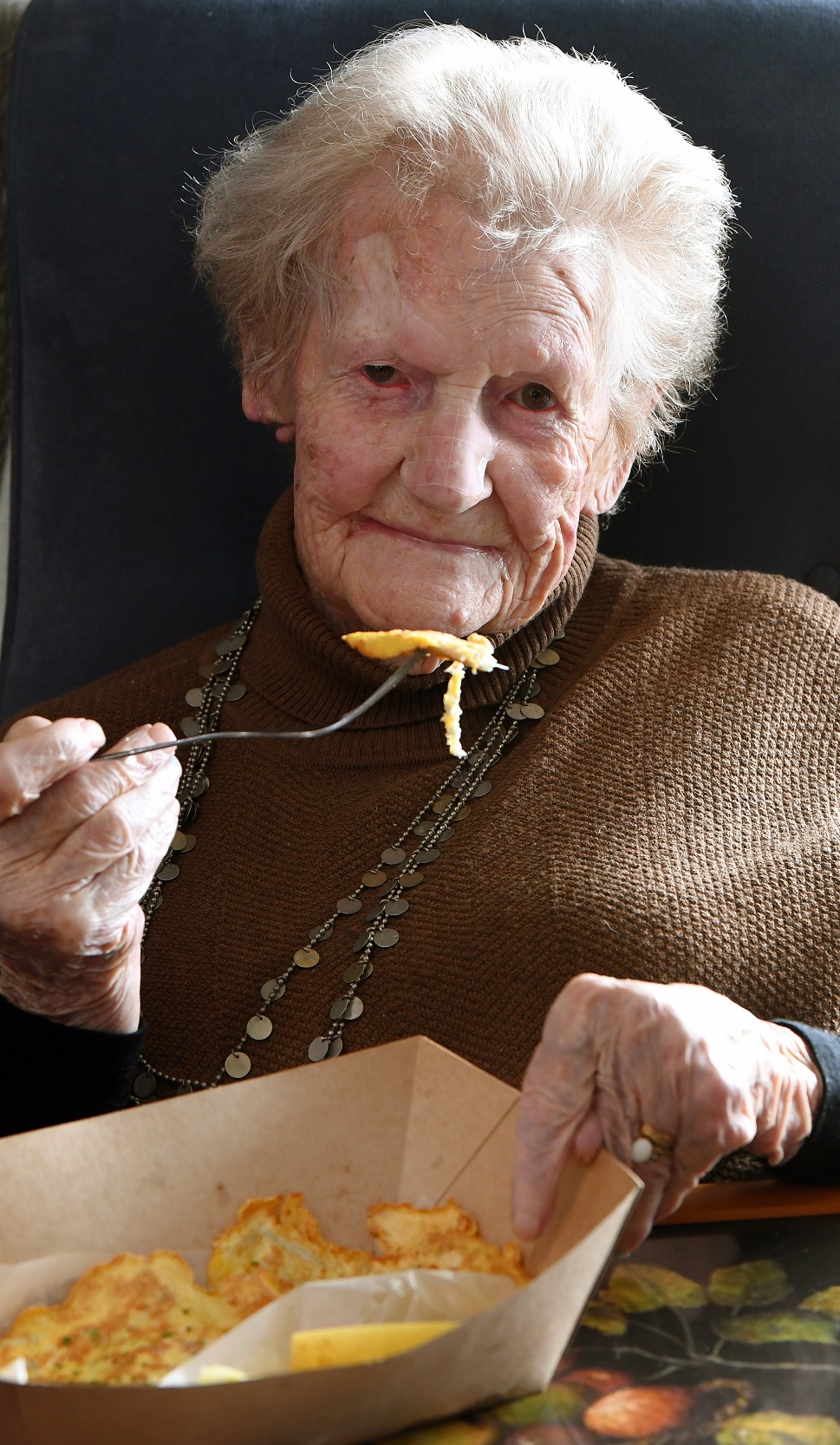 Joan Glover requested whitebait patties to celebrate her 102nd birthday. Photo: Stephen Jaquiery