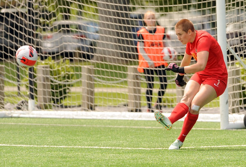 Southern goalkeeper Kate Hannay clears the ball against Western Springs at Logan Park in Dunedin...