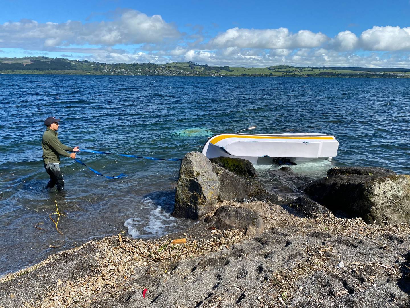 Lake surge at Taupō's Four Mile Bay after earthquake destroyed boats and caused damage to the...