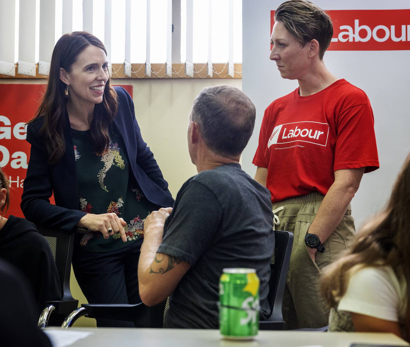 Prime Minister Jacinda Ardern (L) speaks with Hamilton West byelection candidate Georgie Dansey (R) and Hamilton East MP Jamie Strange. Photo: NZ Herald