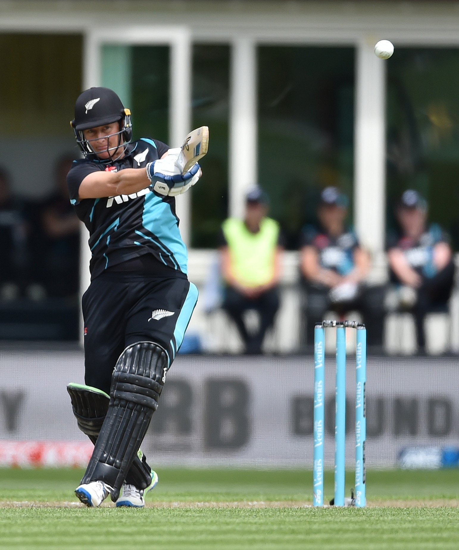 White Ferns batter Sophie Devine smashes the ball through the onside during the second T20...