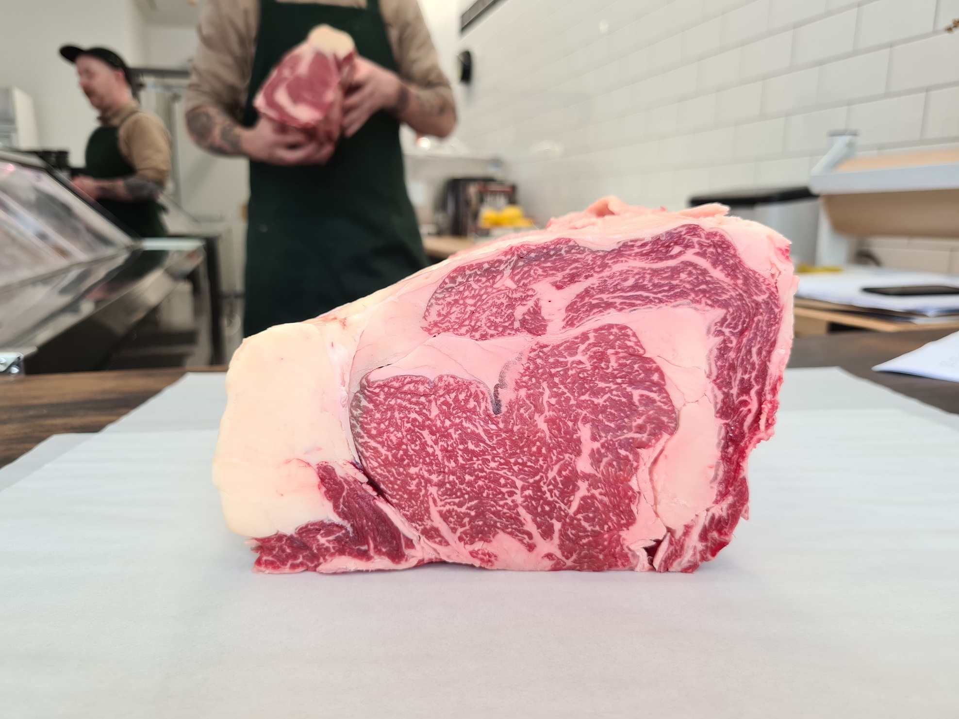 A rib-eye from a Tara Hills Farm Wagyu carcass at Links Quality Meats in central Dunedin. Photo:...