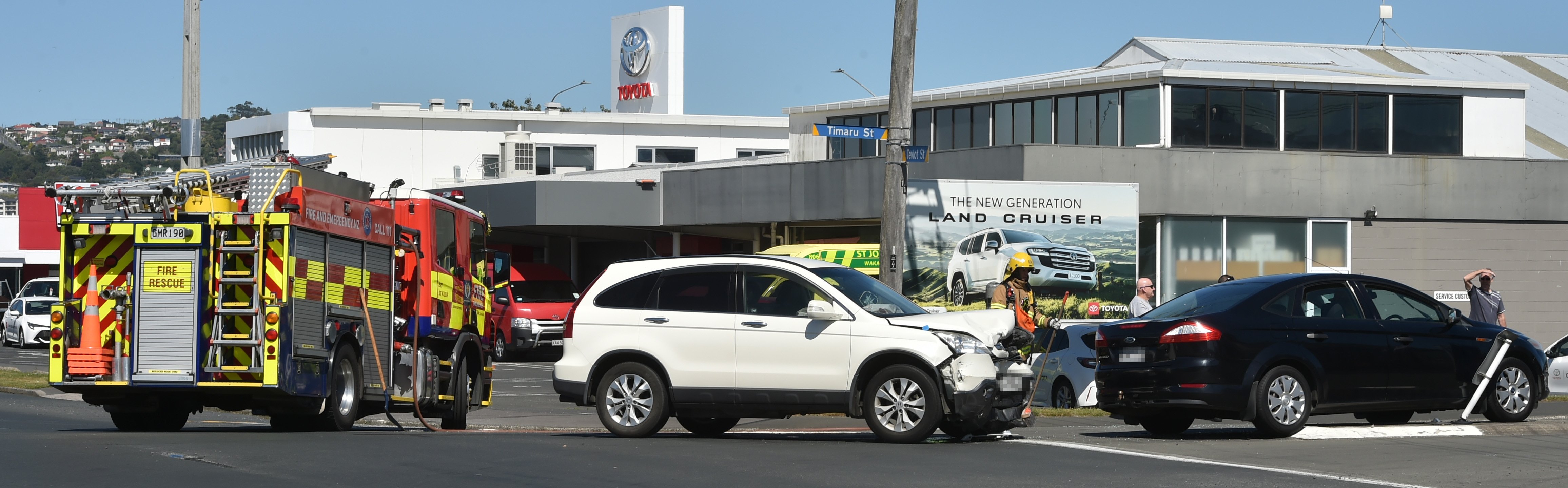 Emergency services at the scene of the crash in South Dunedin this morning. Photo: Gregor...