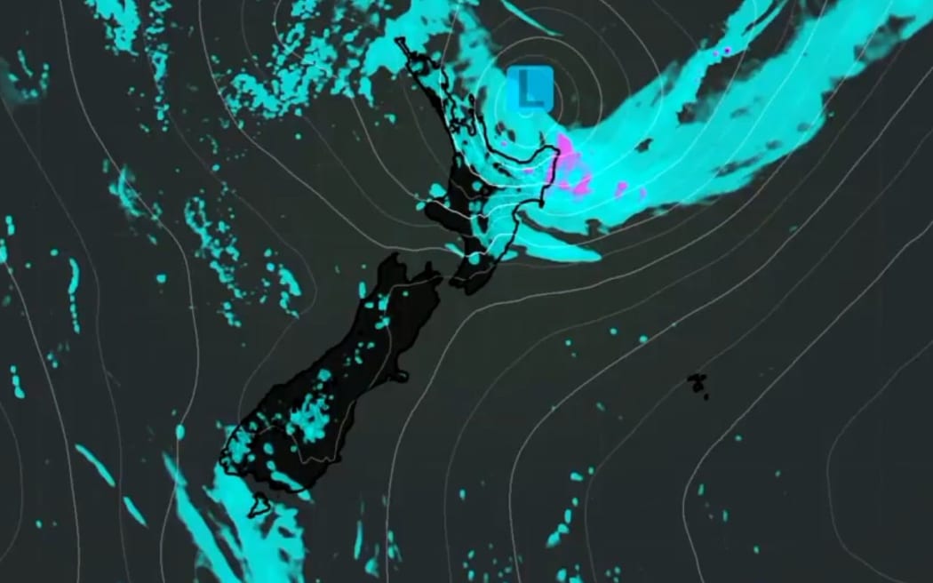 The heavy rain is expected to hit Monday night, as shown on this NIWA map. Photo: NIWA