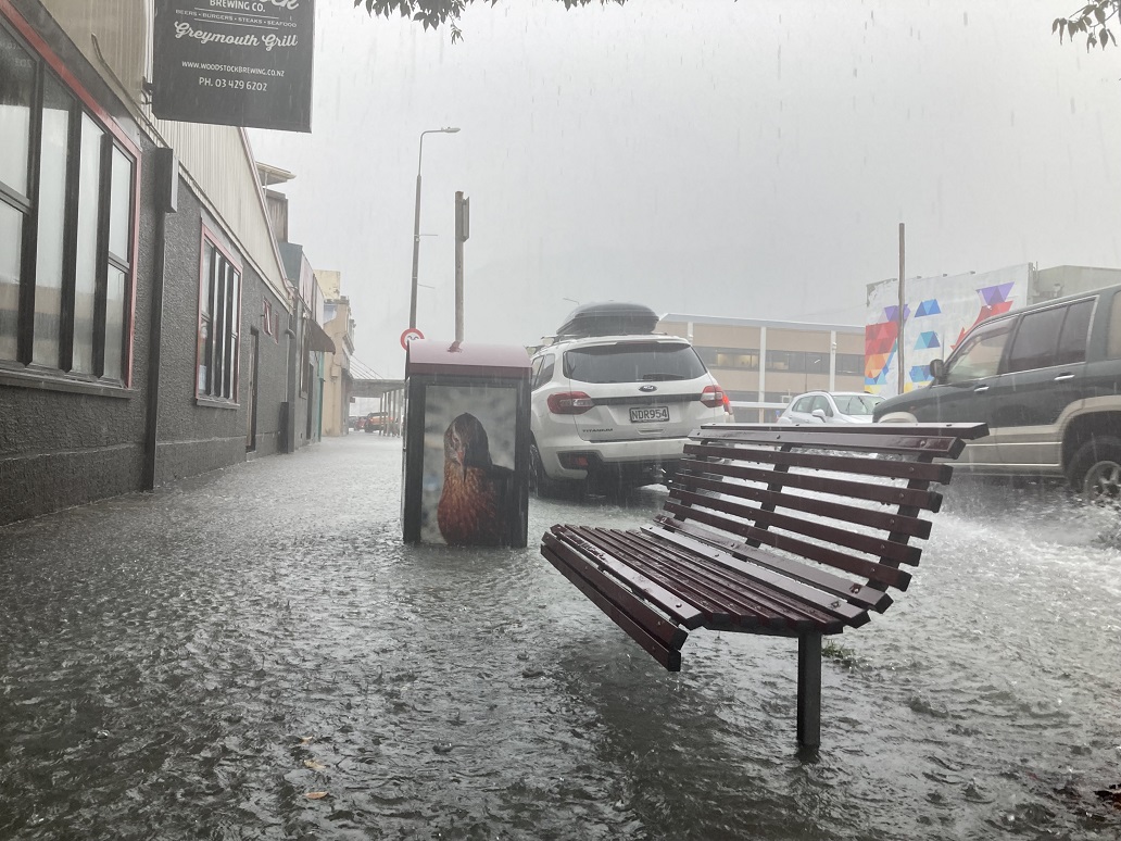 Heavy rain in Mackay St in central Greymouth. Photos: Greymouth Star