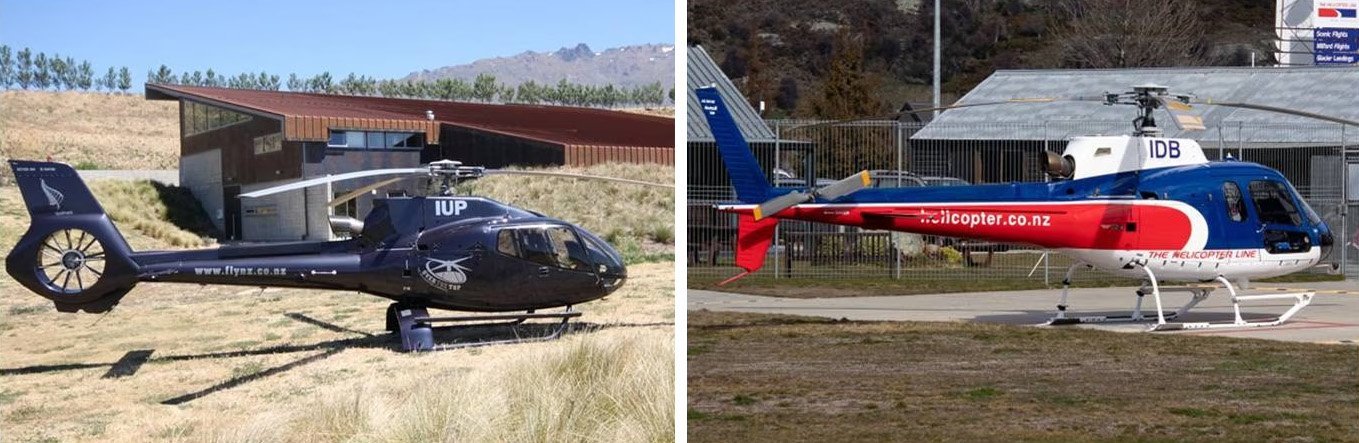 A Eurocopter EC-130 ZK-IUP (left) and Eurocopter AS350 ZK-IDB were involved in a near-miss...