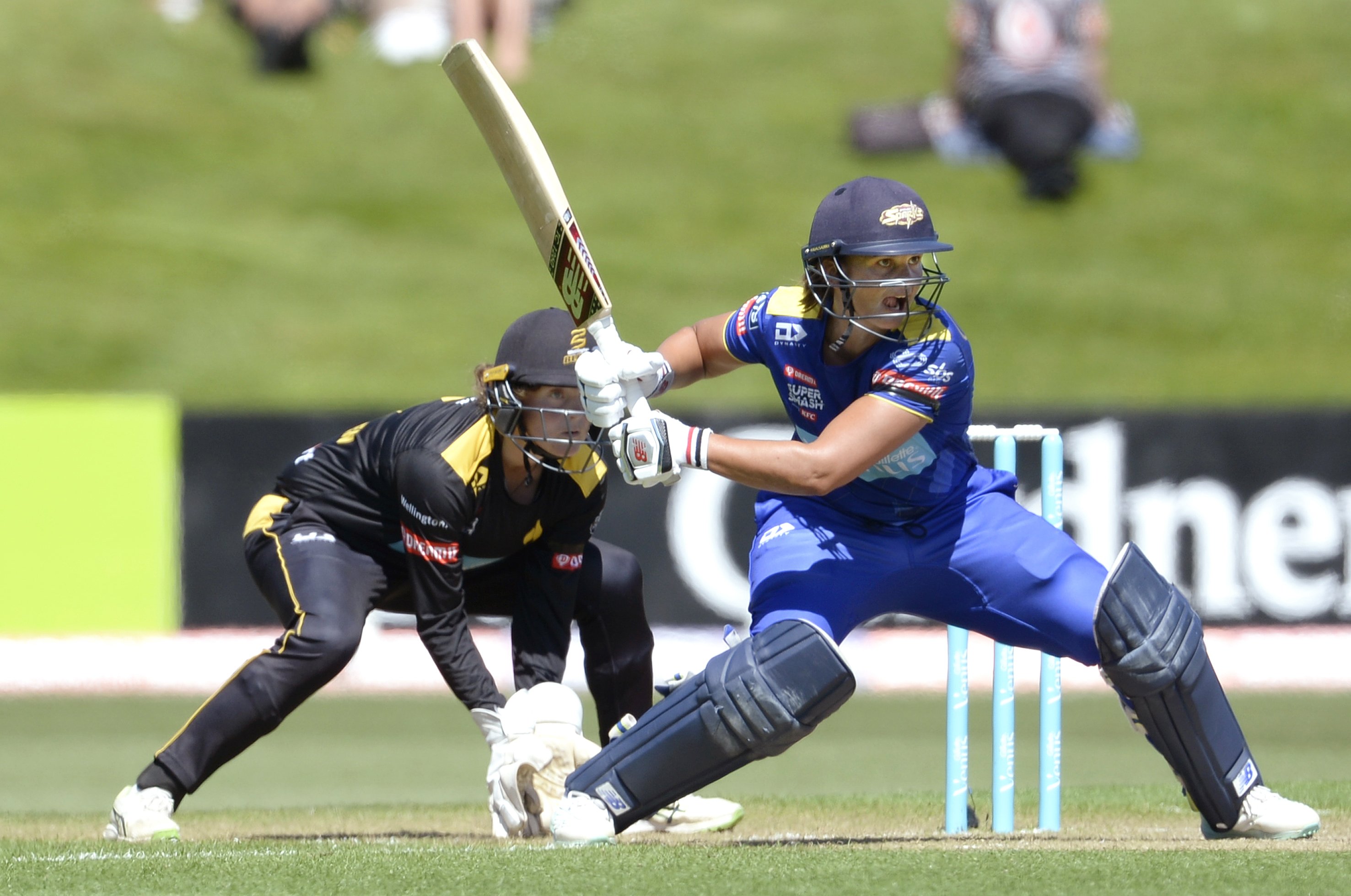 Suzie Bates prepares to swat another boundary on her way to an impressive 75 against the Blaze at...