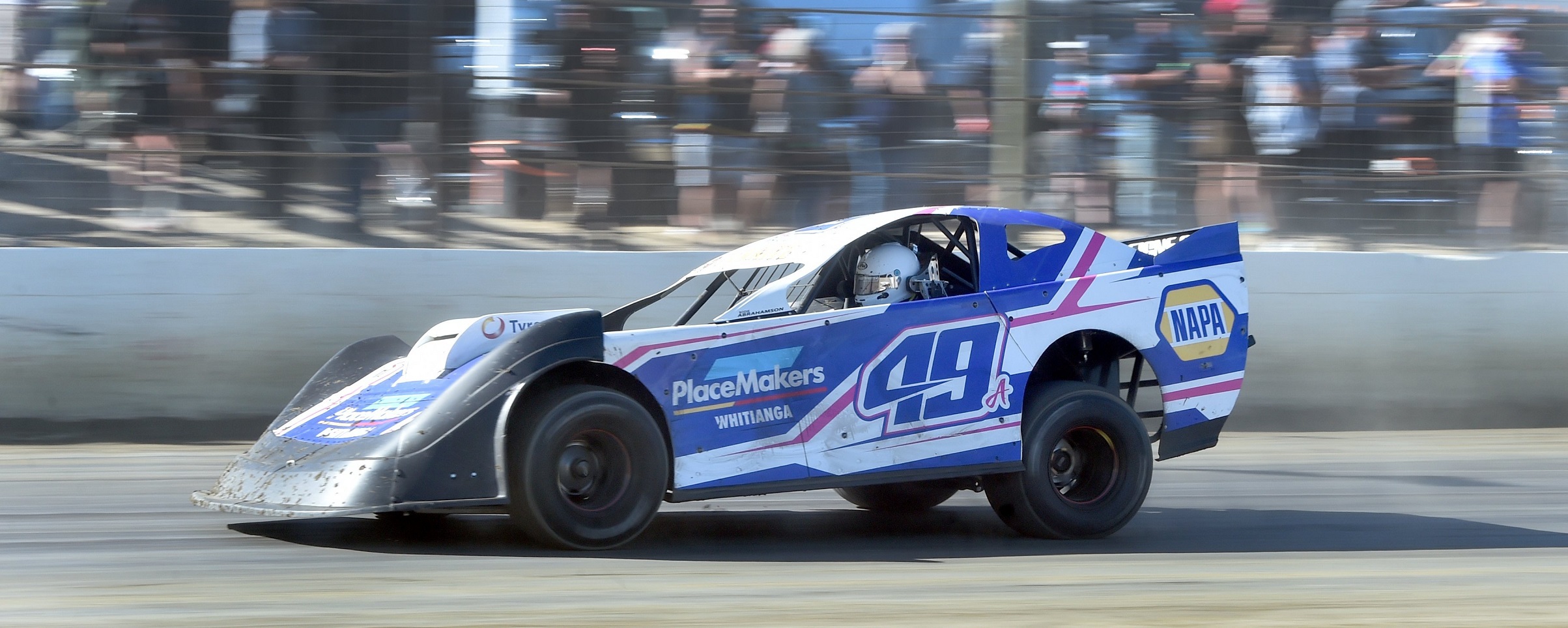 Driver Bodie Abrahamson is behind the wheel of a super saloon at Beachlands Speedway on Saturday.