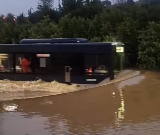 The driver can be seen looking over the top of a wave as the bus pushes through. Photo: Debbie...