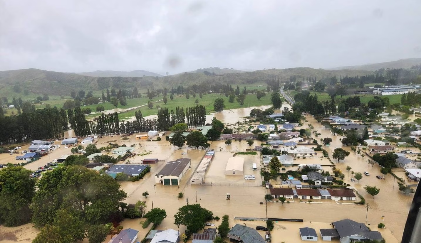 An aerial photograph reveals the extent of flooding in storm-ravaged Wairoa. Photo: HAWKE'S BAY...