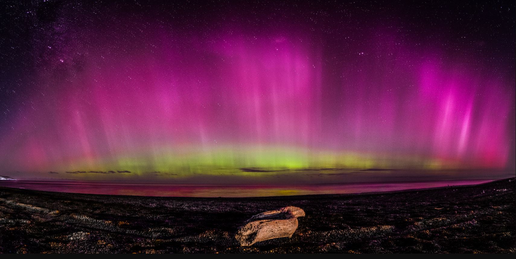 Photographer Matt Saunders took this panorama of the southern lights at Birdlings Flat. Photo:...