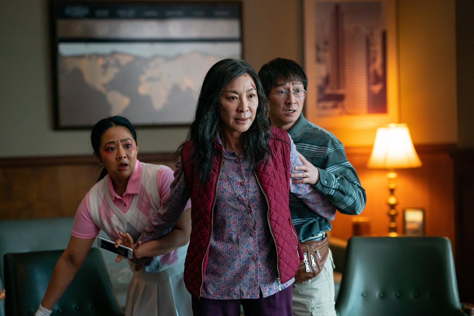 (From left) Stephanie Hsu, Michelle Yeoh and Ke Huy Quan in A24's Everything Everywhere All at...