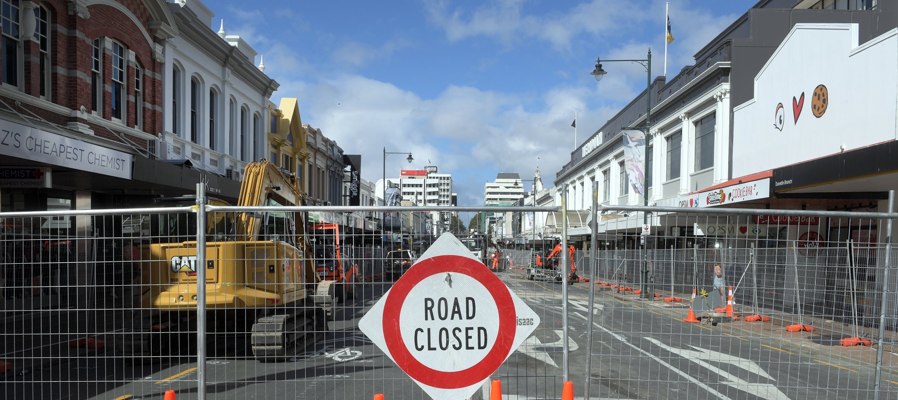 Construction activity has begun in the Malls block of George St, Dunedin. Photo: Stephen Jaquiery