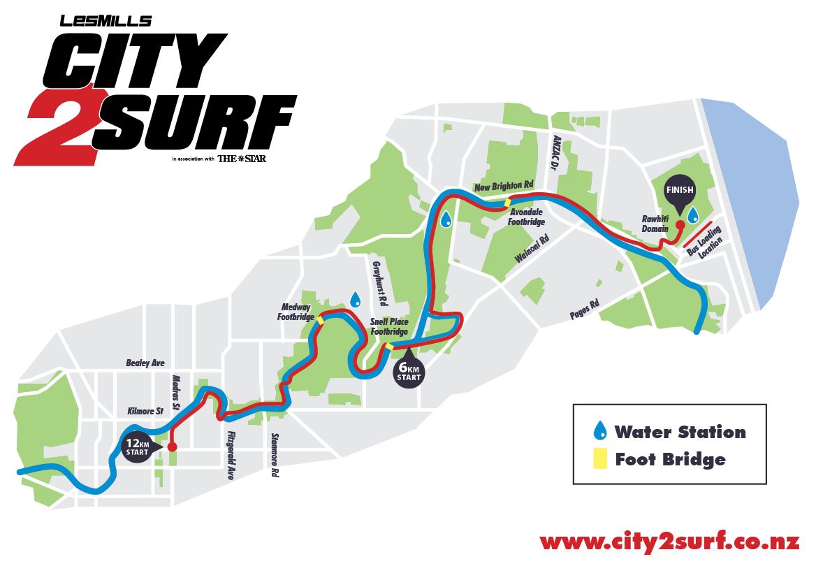 This year's City2Surf will follow the Avon River from Latimer Square to Rawhiti Domain. Image:...