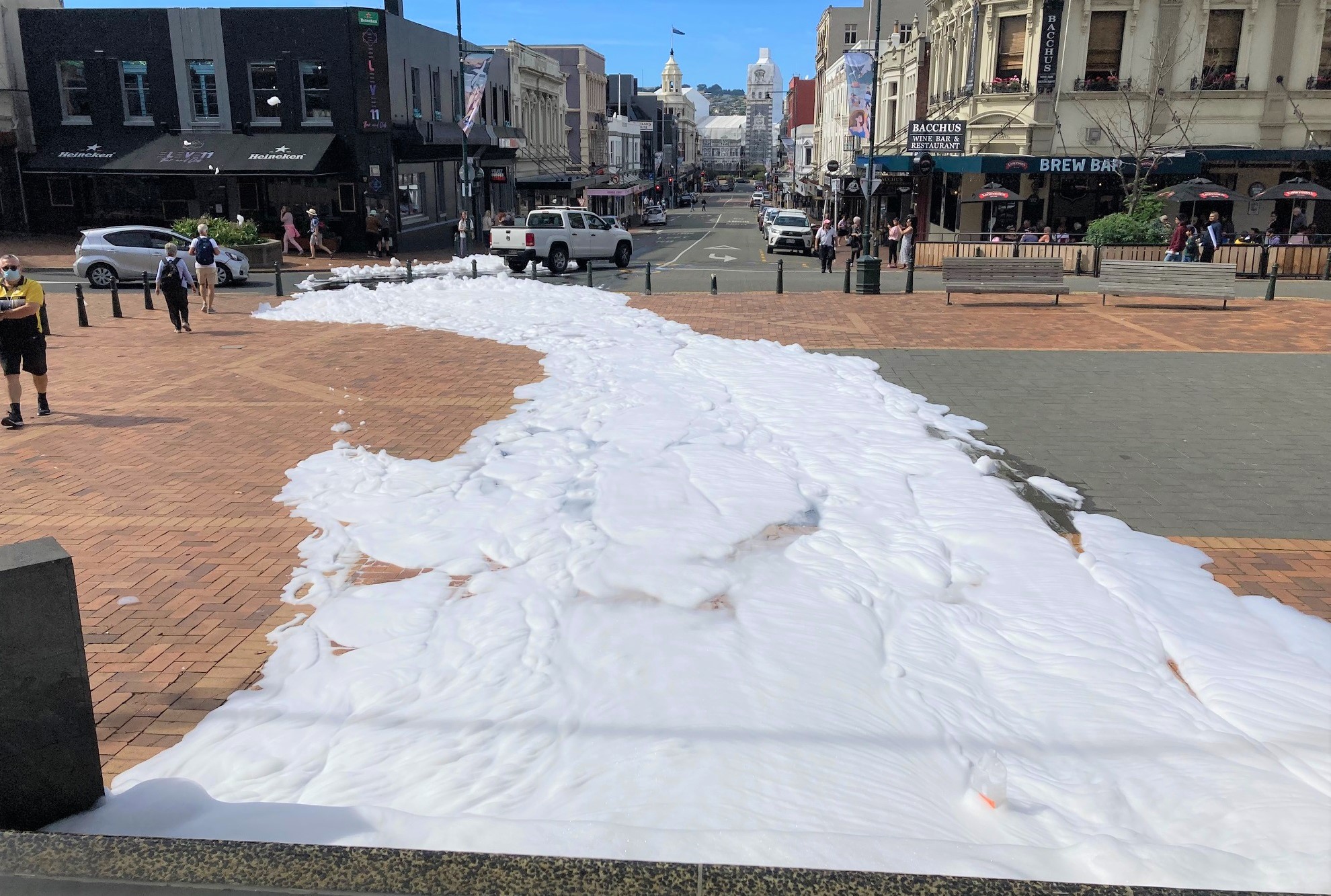 The suds run from the fountain down to Stuart St.