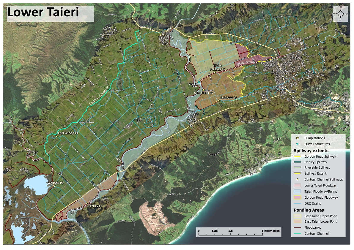 A map shows the Lower Taieri Flood Protection Scheme and East and West Taieri Drainage Schemes,...