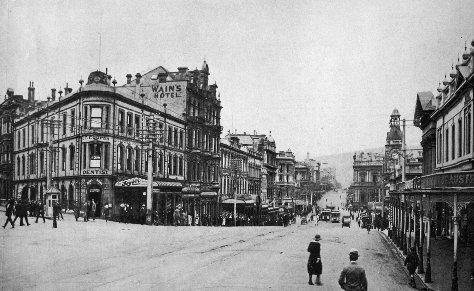 The corner of Princes St and Jetty St, Dunedin. — Otago Witness, 20.3.1923