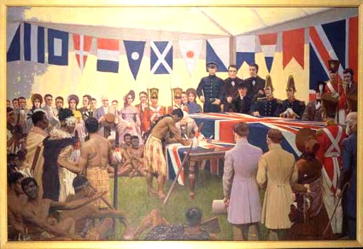 The Treaty of Waitangi was signed in 1840; this reconstruction of the event was painted by Marcus...