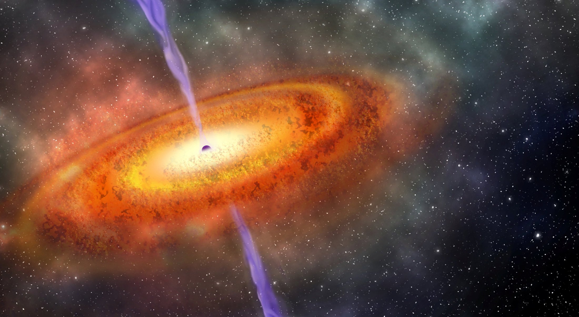 An artist’s conception of the most-distant supermassive black hole ever discovered, which is part...