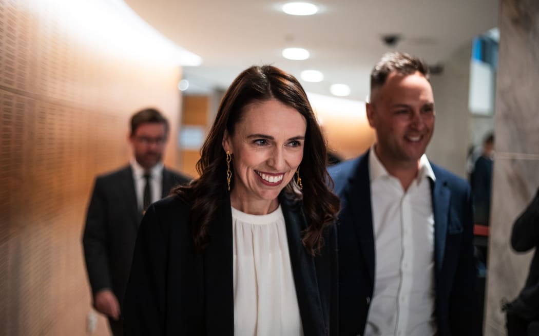 Former prime minister Jacinda Ardern heading to her final Labour caucus meeting this morning. Photo: RNZ