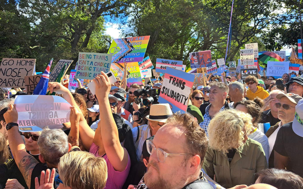 Protestors at the Posie Parker rally in Auckland. Photo: RNZ