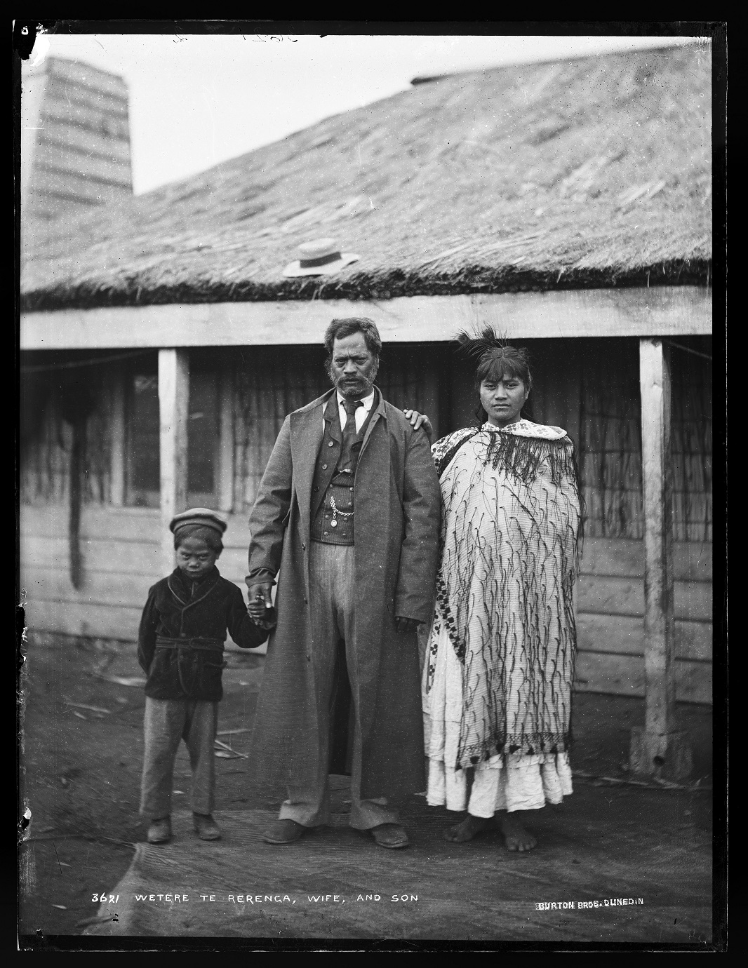 Wētere Te Rerenga with one of his later wives and son. Photograph by Burton Brothers, 1885. Photo...