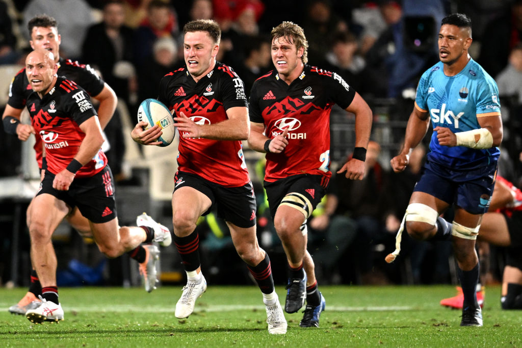 The Crusaders' Fergus Burke makes a break against Moana Pasifika at Orangetheory Stadium in Christchurch. Photo: Getty Images