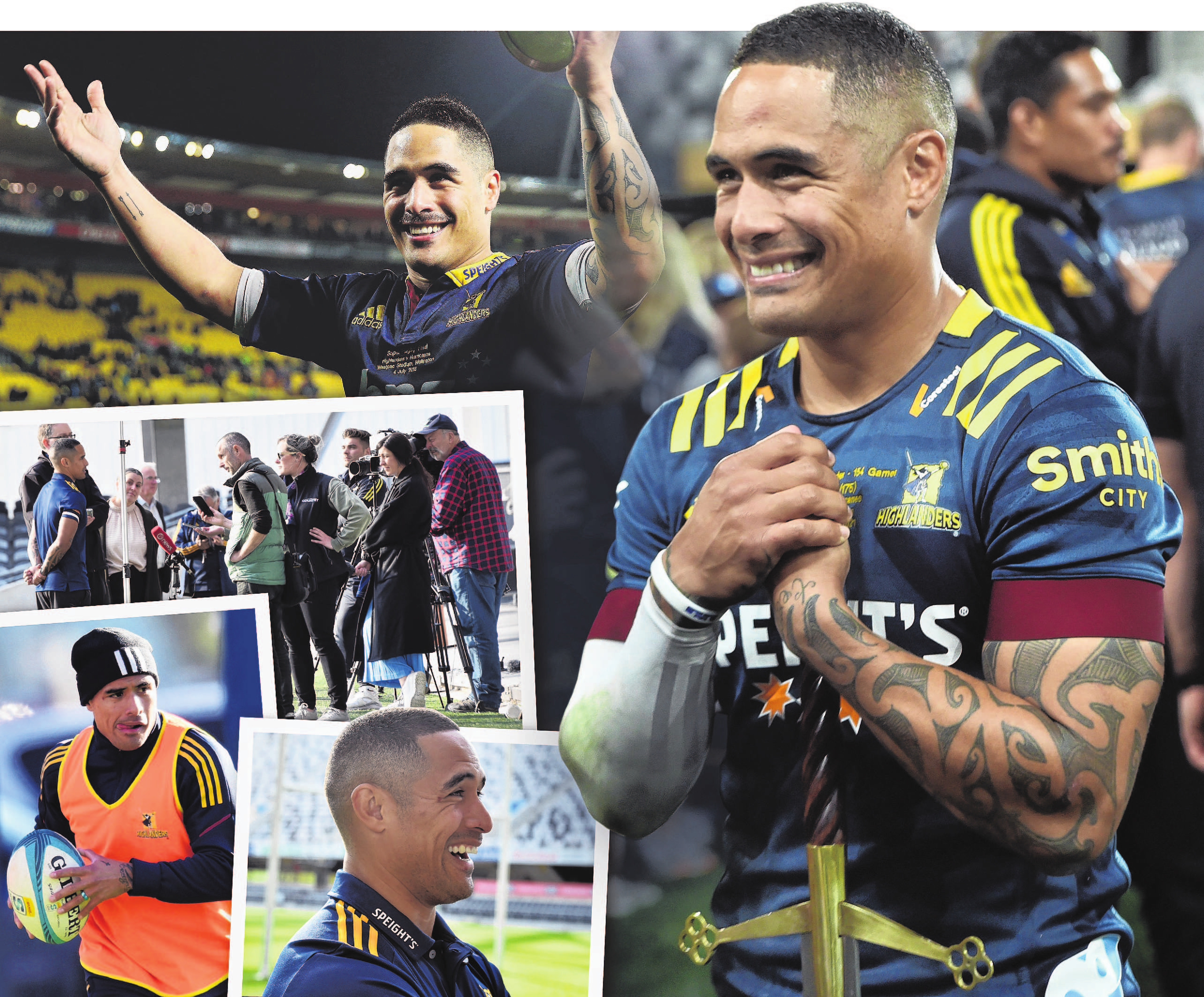 (Clockwise from above) Highlanders halfback Aaron Smith is honoured for becoming the team’s most...